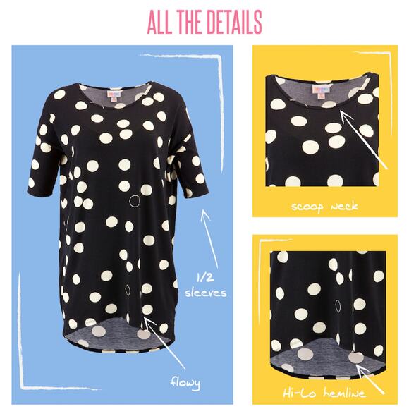 LuLaRoe Irma Tunic Med Blue Beige Jacquard Geometric Patchwork High Low Top - Picture 6 of 8